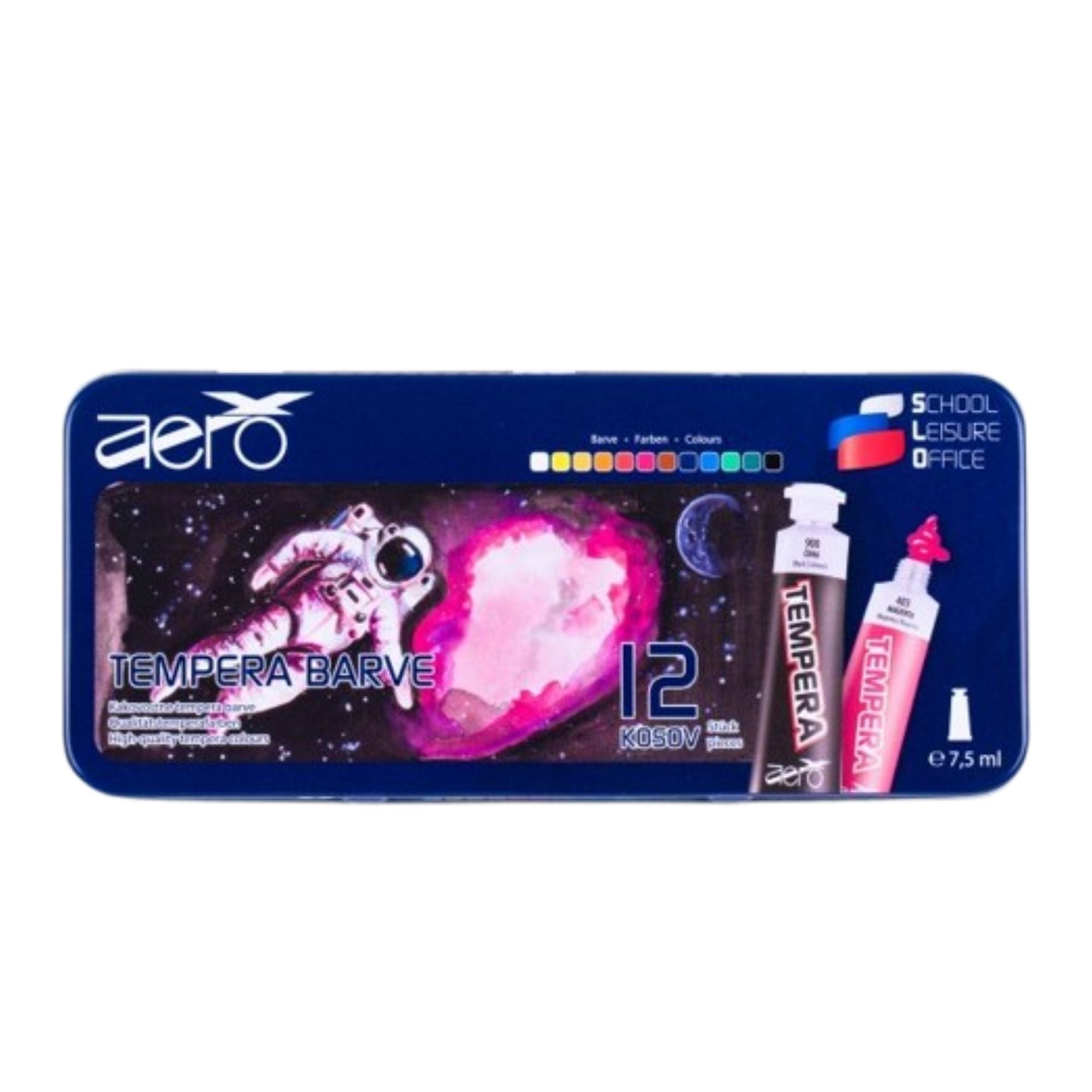 Barve tempera Aero, 7,5 ml x 12 barv, kovinska embalaža, Astronaut