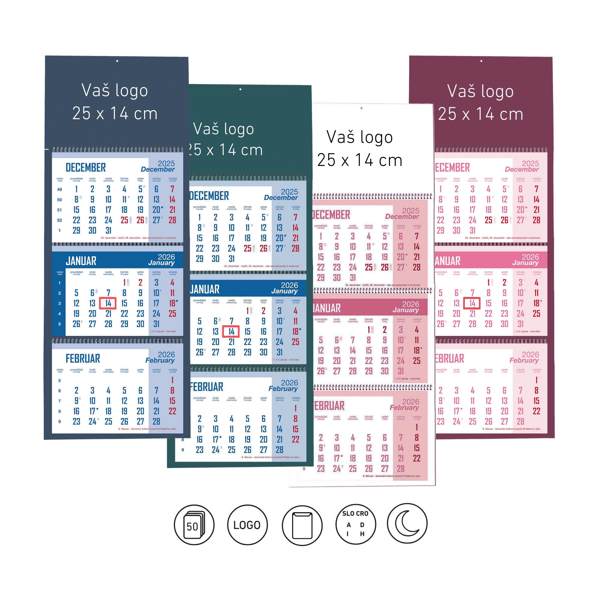 3-delni spiralni koledar, z barvno podlogo