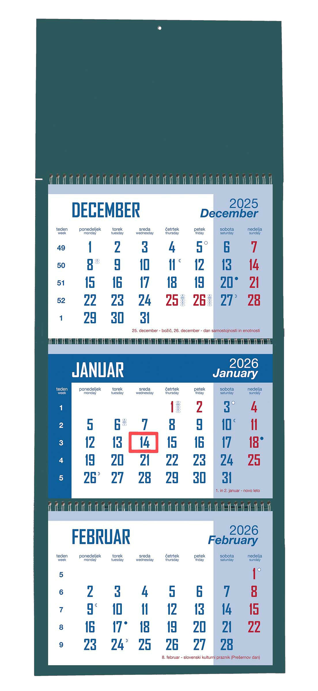 3-delni spiralni koledar, z barvno podlogo