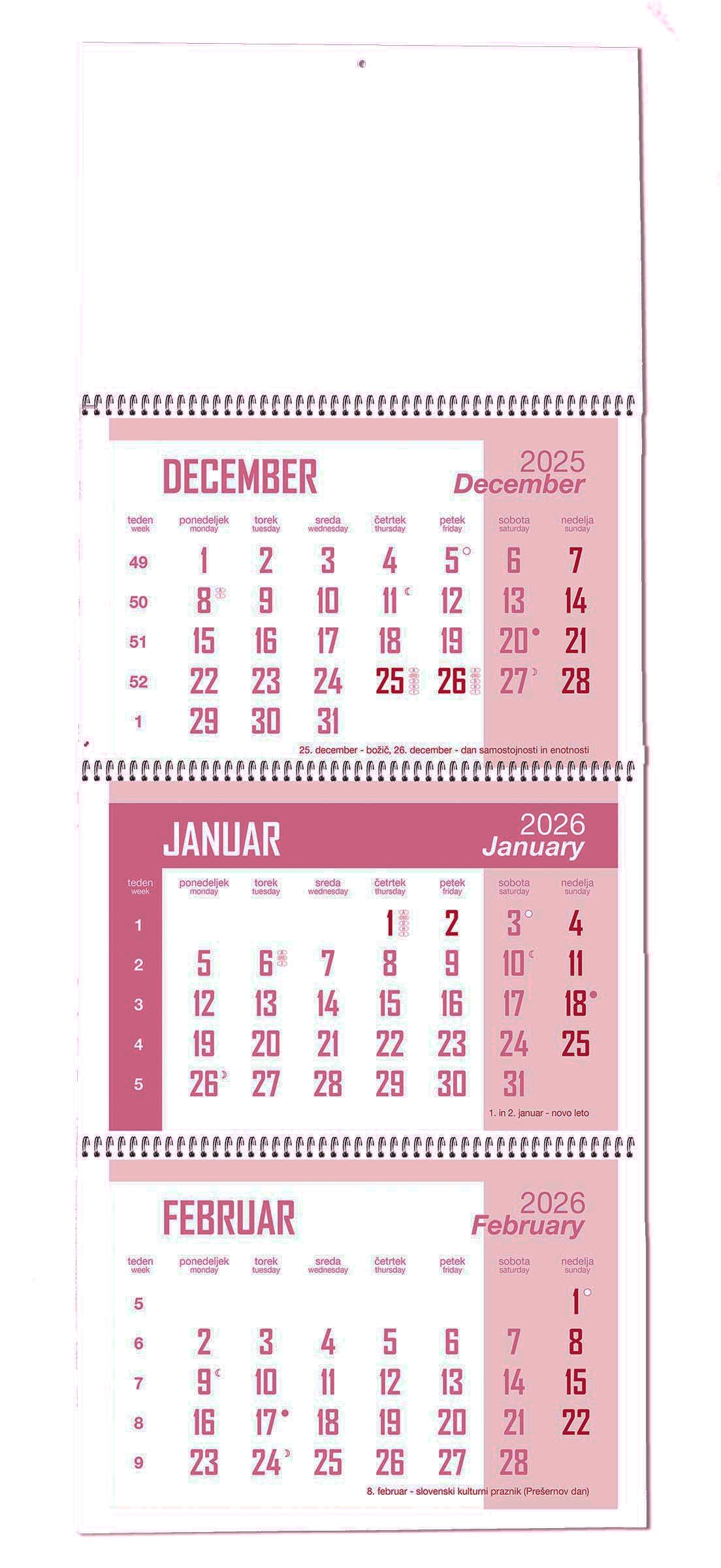 3-delni spiralni koledar, z barvno podlogo