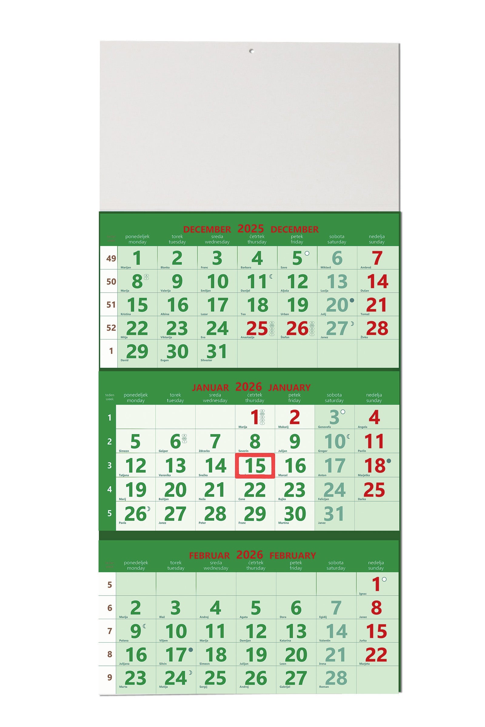 3-delni lepljeni perforirani koledar