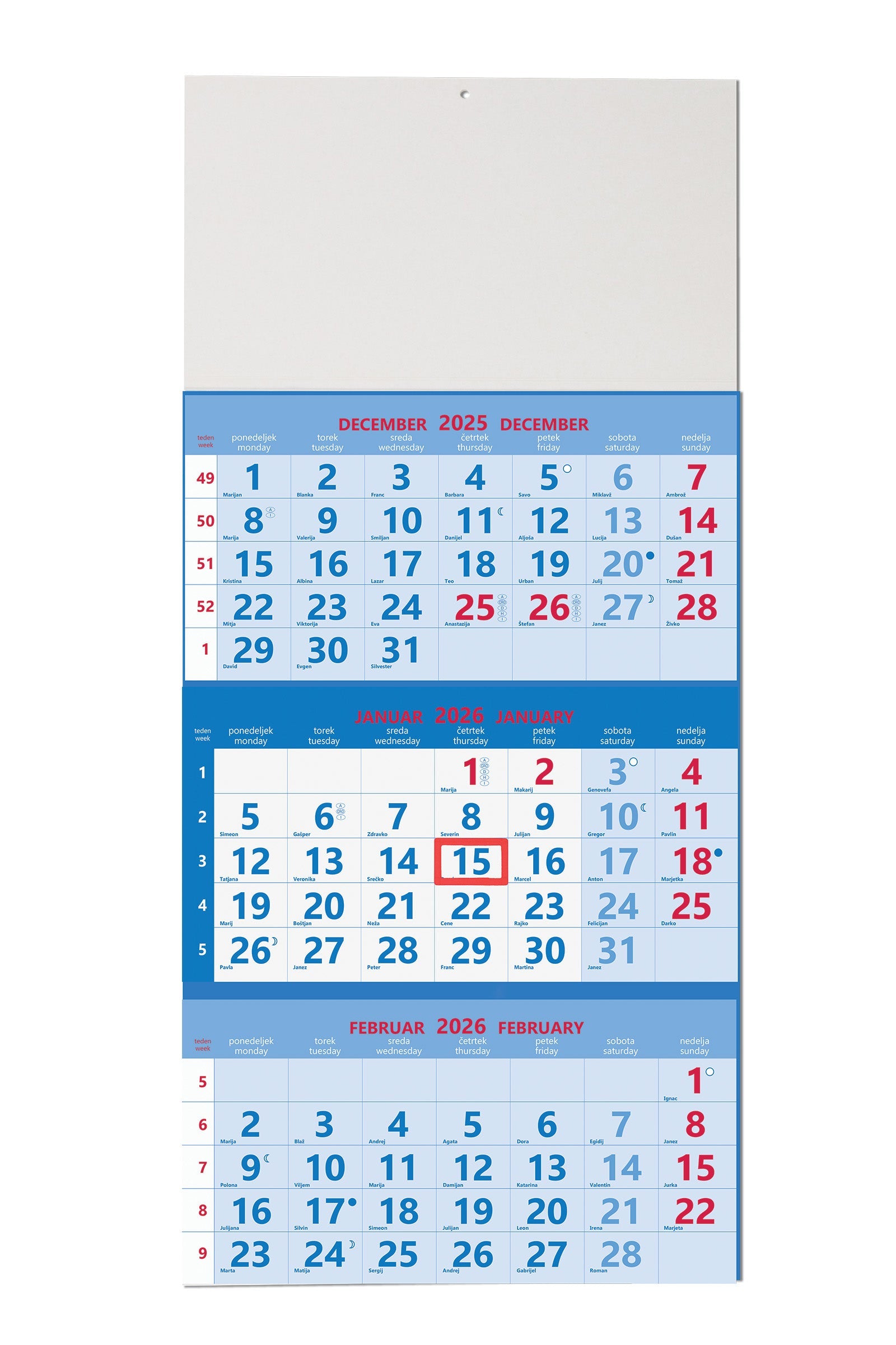 3-delni lepljeni perforirani koledar