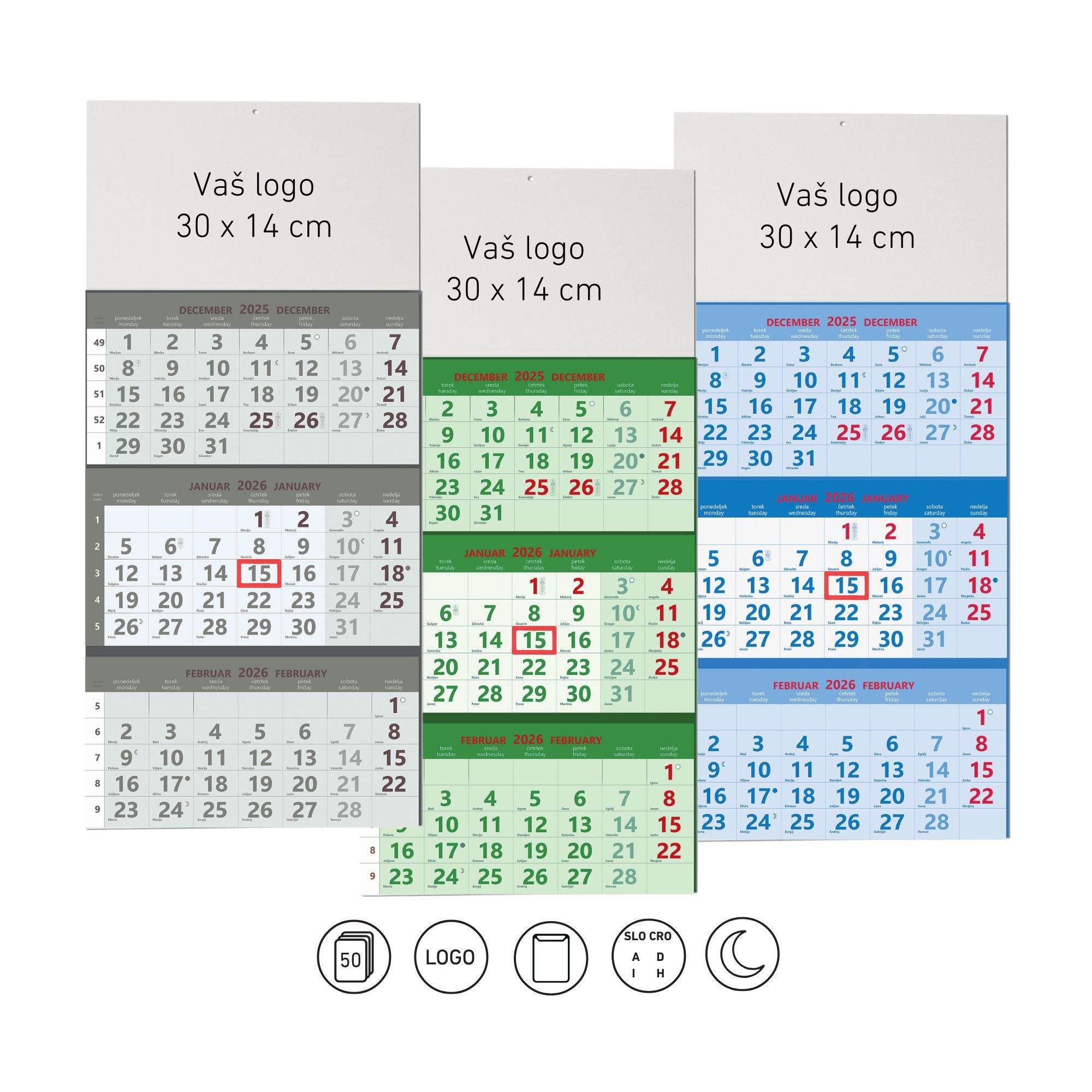 3-delni lepljeni perforirani koledar