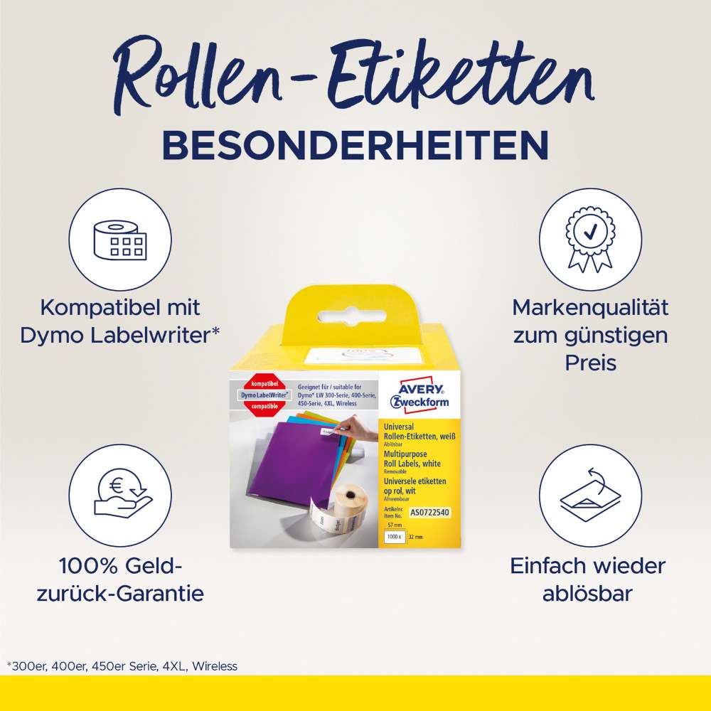 Etikete papirne bele odstranljive na kolutu Avery Zweckform AS0722540, 32 x 57 mm