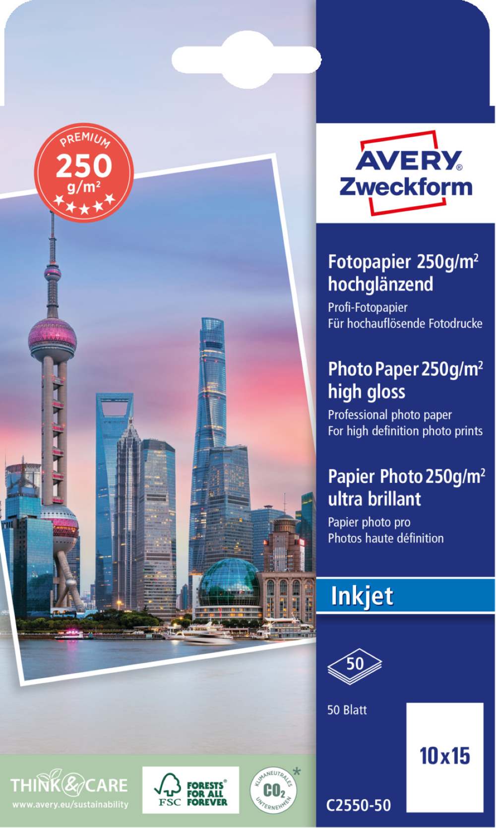 Papir foto bel sijajni za inkjet tiskalnike Premium Avery Zweckform 10 x 15 cm, C2550-50, 250 g