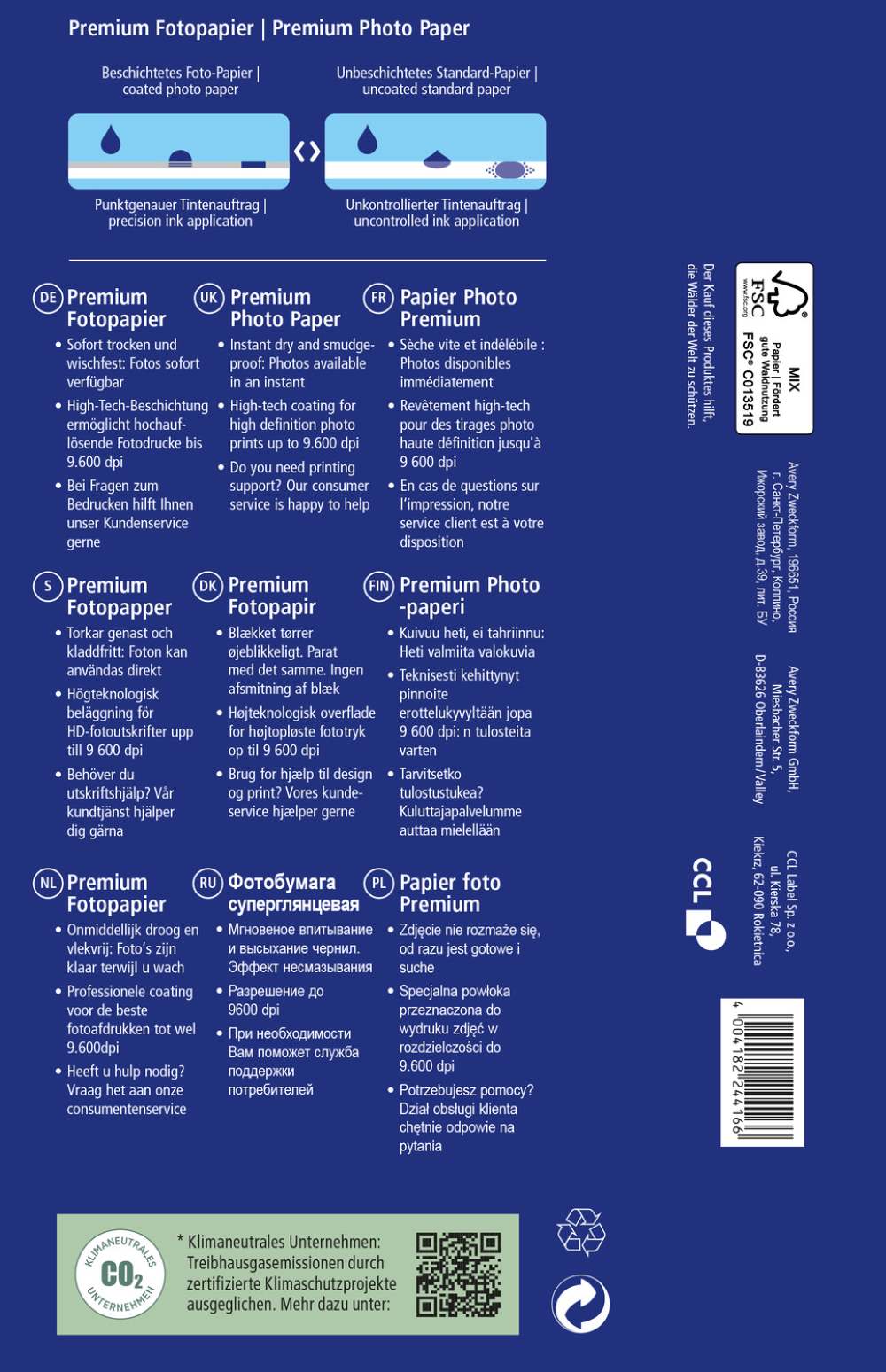 Papir foto bel sijajni za inkjet tiskalnike Premium Avery Zweckform 10 x 15 cm, C2550-50, 250 g