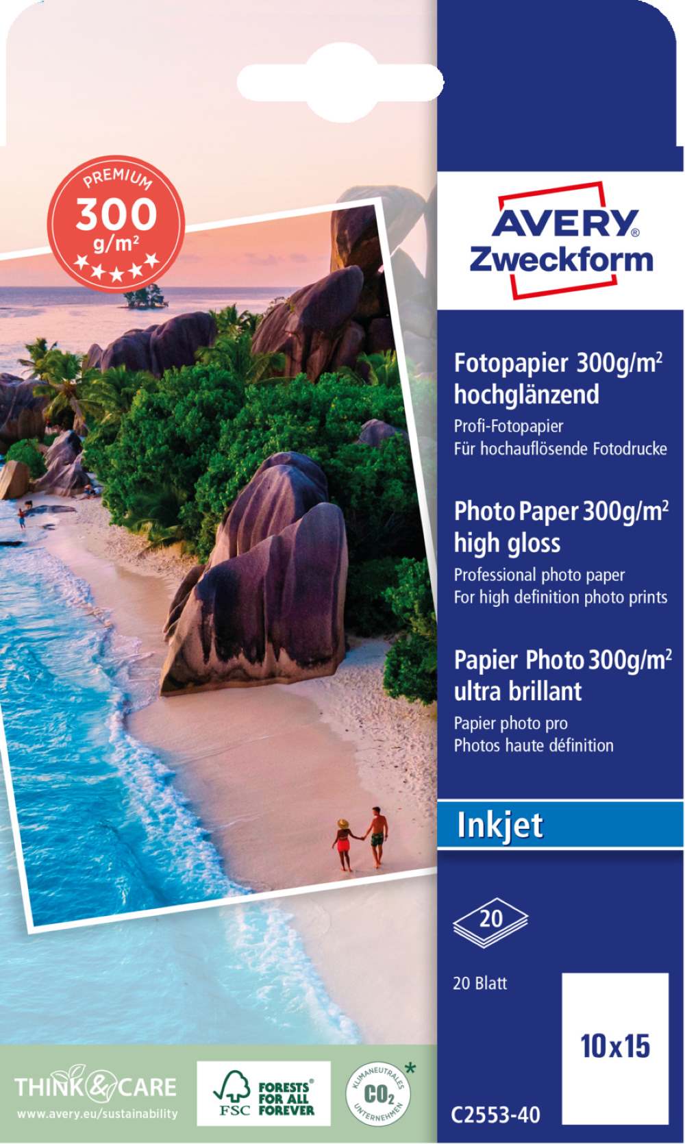 Papir foto bel sijajni za inkjet tiskalnike Premium Avery Zweckform 10 x 15 cm, C2553-40, 300 g