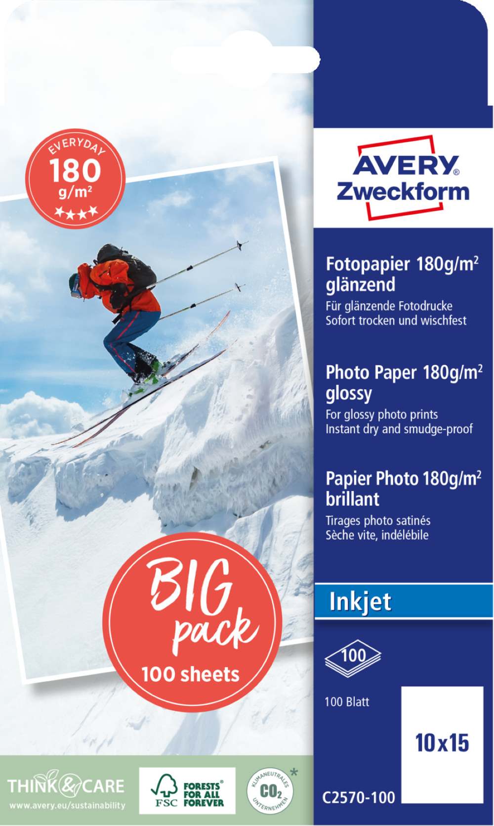 Papir bel sijajni za inkjet tiskalnike Every Day Avery Zweckform 10 x 15 cm, C2570-100, 180 g