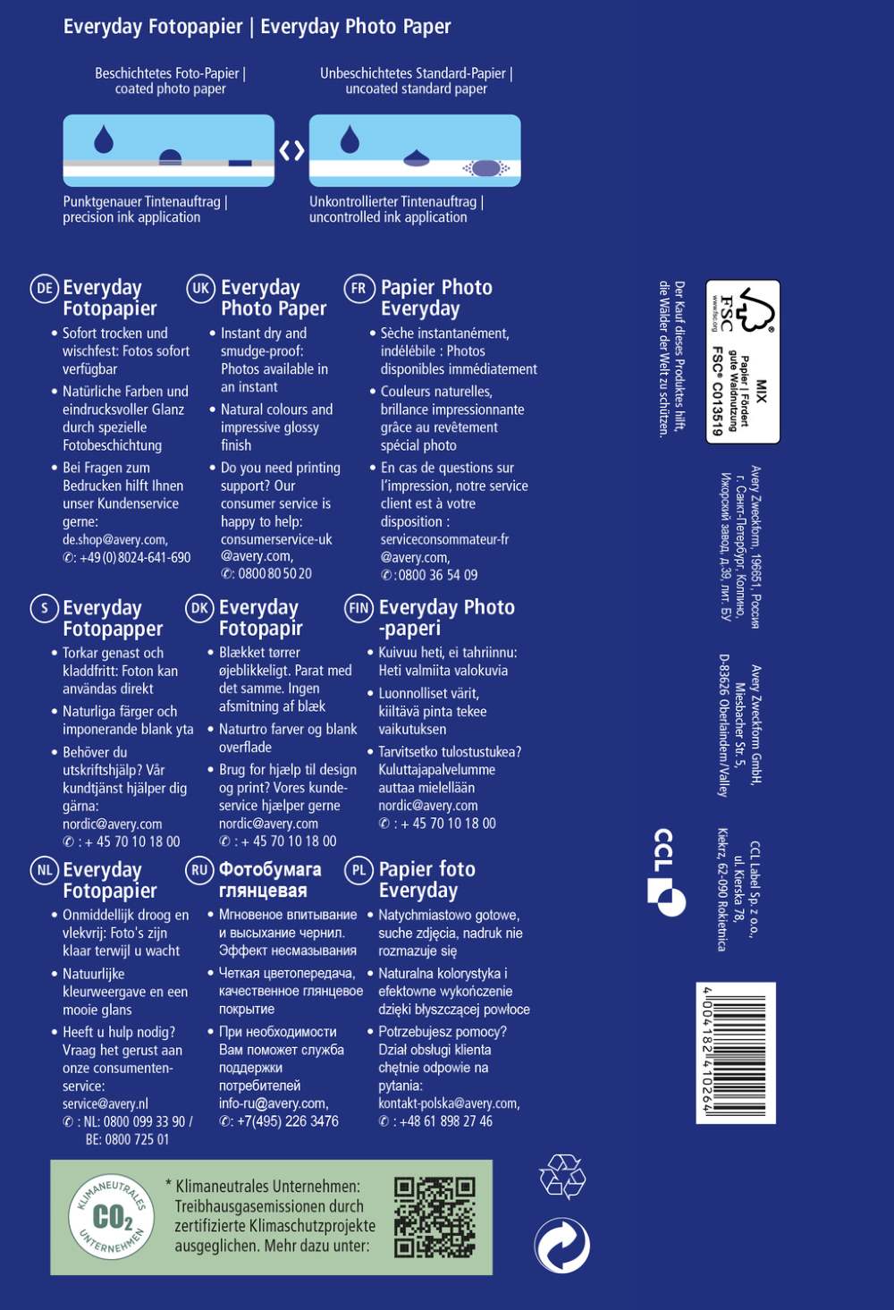 Papir bel sijajni za inkjet tiskalnike Every Day Avery Zweckform 10 x 15 cm, C2570-100, 180 g