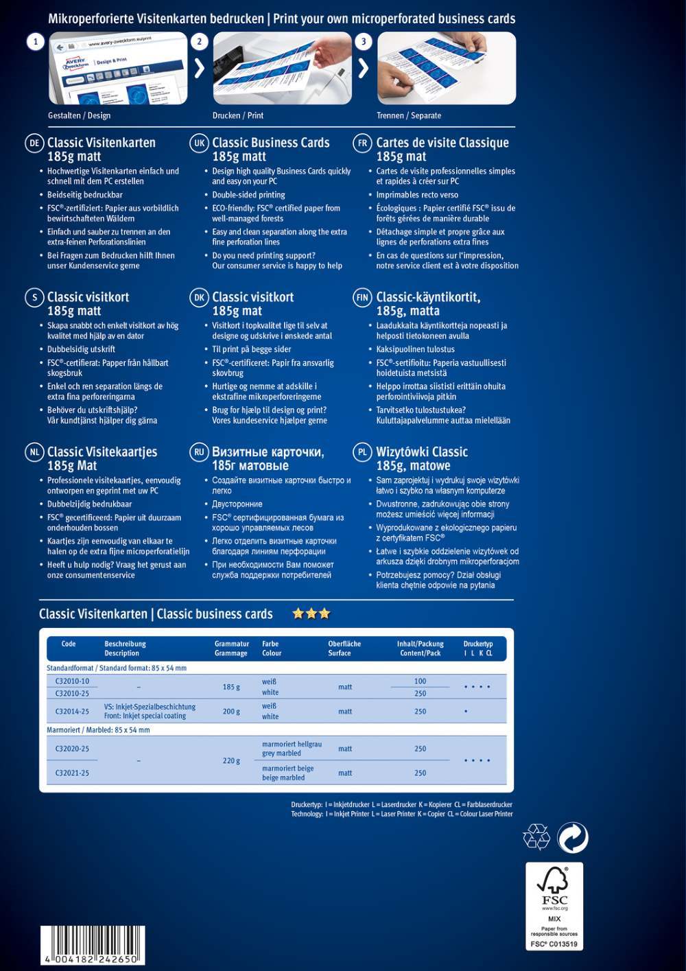 Vizitke bele mat obojestranske Avery Zweckform C32010, 200 g, 85 x 54 mm