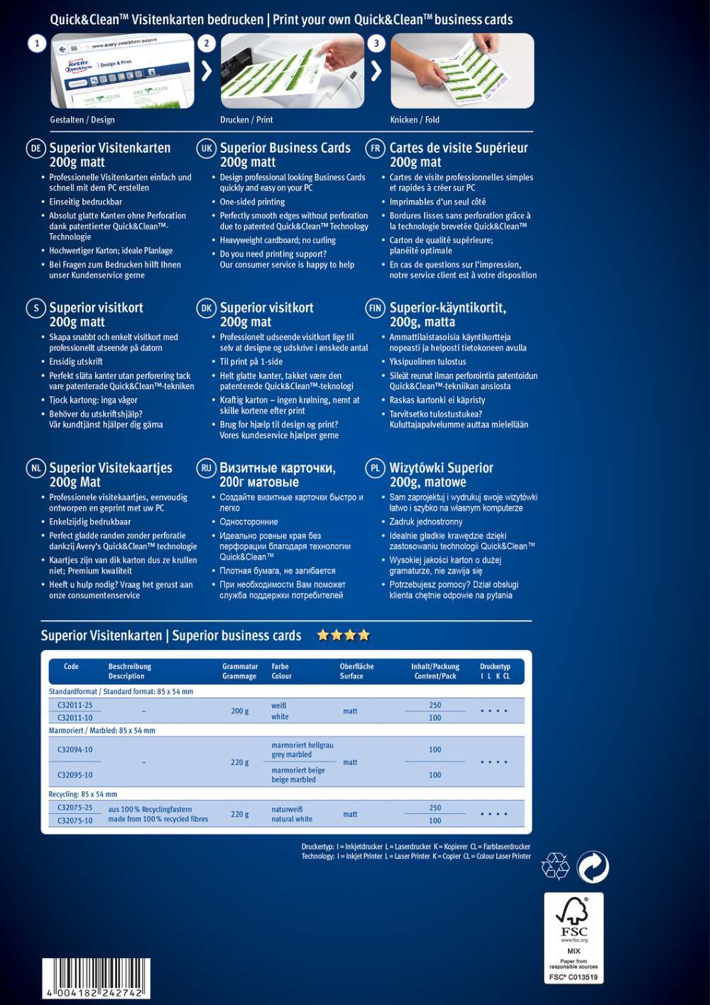 Vizitke bele mat enostranske Avery Zweckform C32011, 200 g, 85 x 54 mm