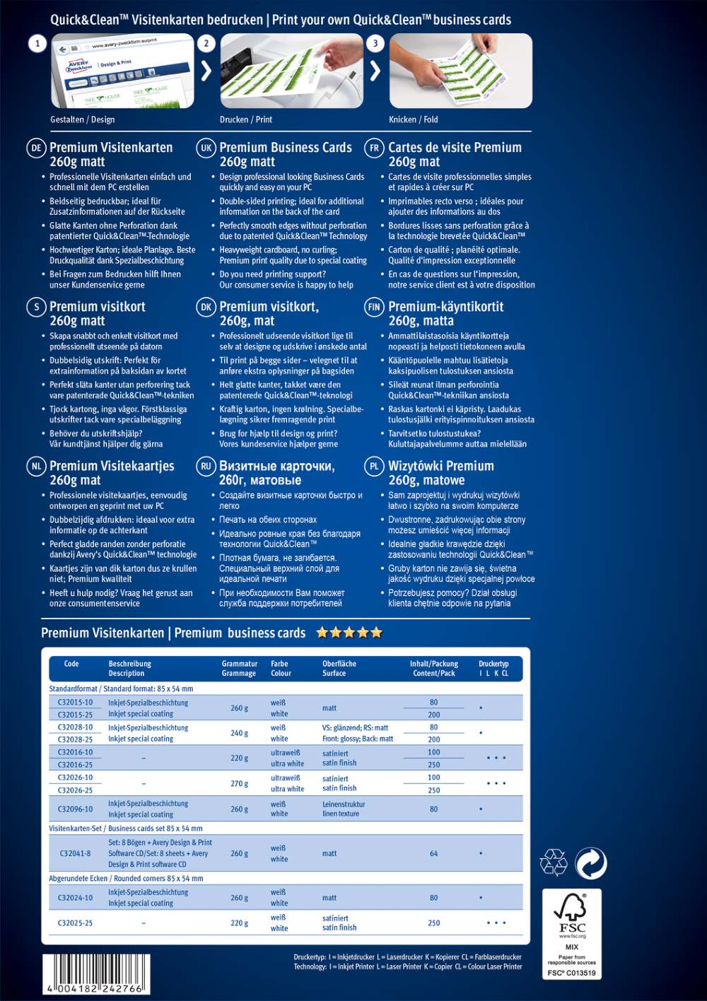 Vizitke bele mat obojestranske za inkjet tiskalnike Avery Zweckform C32015, 260 g, 85 x 54 mm