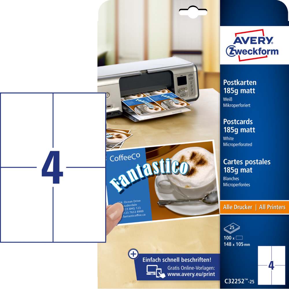 Kartonske predloge bele Avery Zweckform 148 x 105 mm, C32252-25, 185 g