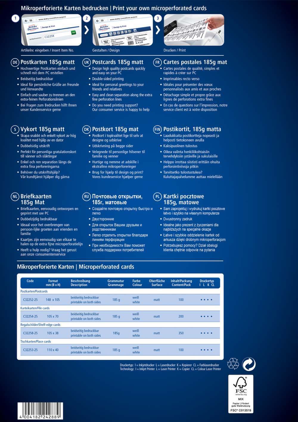 Kartonske predloge bele Avery Zweckform 148 x 105 mm, C32252-25, 185 g