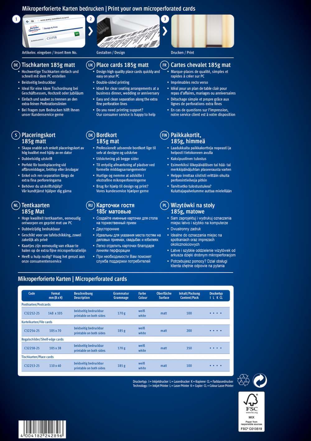 Kartonske predloge bele Avery Zweckform 110 x 40 mm, C32253-25, 185 g