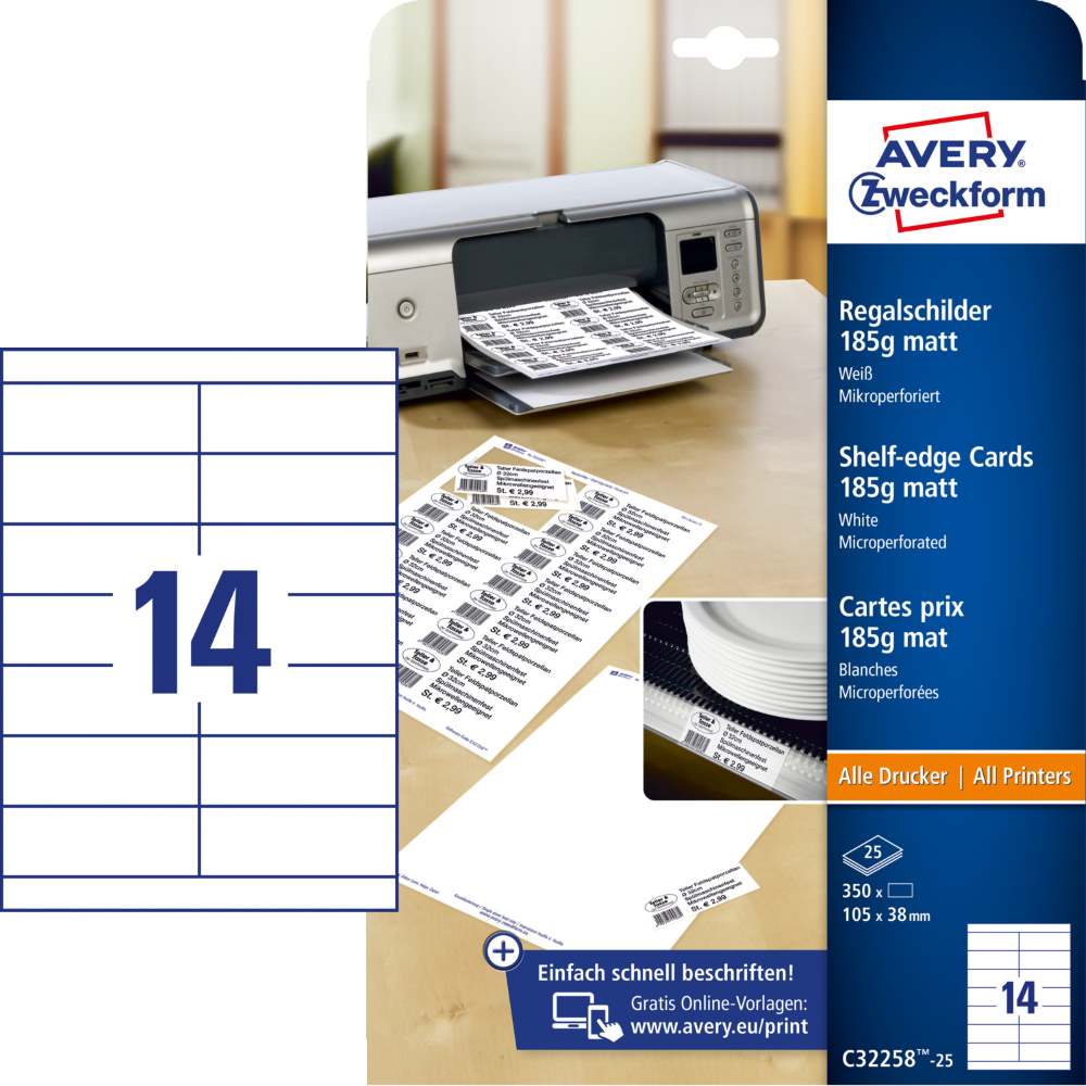 Kartonske predloge bele Avery Zweckform 105 x 38 mm, C32258-25, 185 g