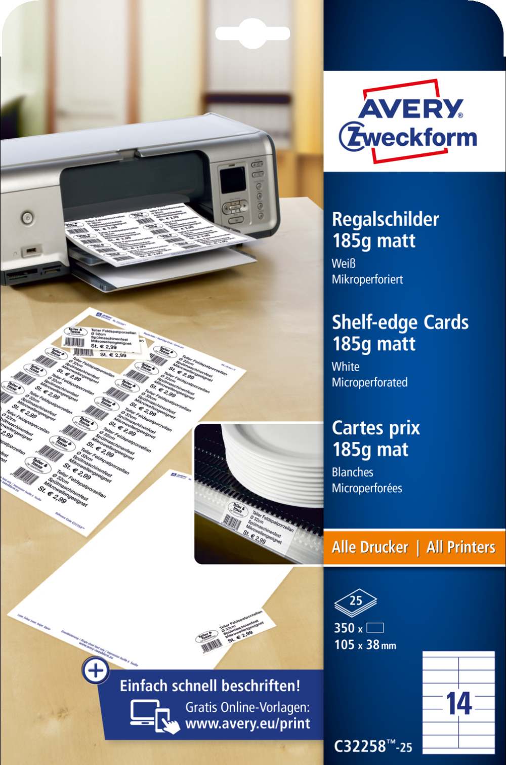 Kartonske predloge bele Avery Zweckform 105 x 38 mm, C32258-25, 185 g