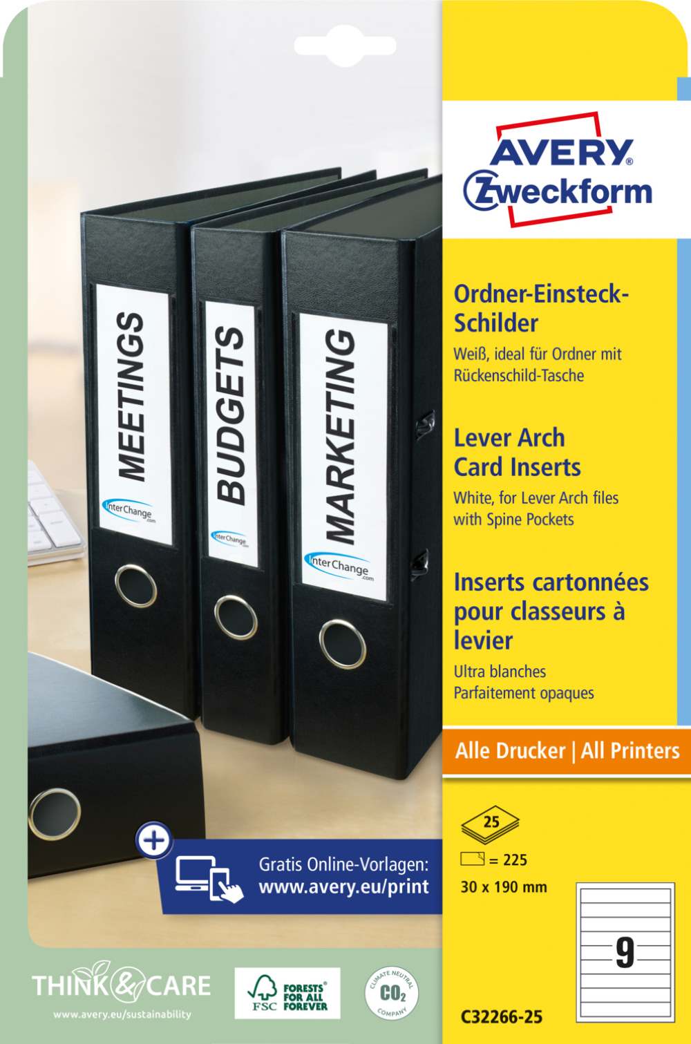 Kartonske predloge bele za ozke registratorje Avery Zweckform 30 x 190 mm, C32266-25, 190 g