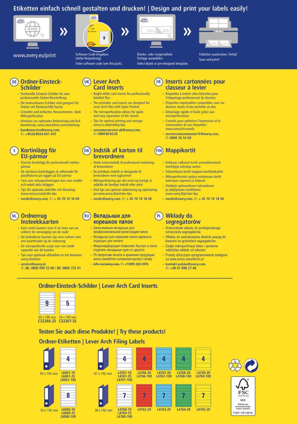 Kartonske predloge bele za ozke registratorje Avery Zweckform 30 x 190 mm, C32266-25, 190 g