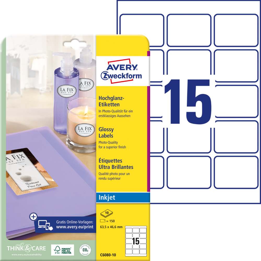 Etikete papirne bele svetleče Avery Zweckform C6080-10, 63,5 x 46,6 mm