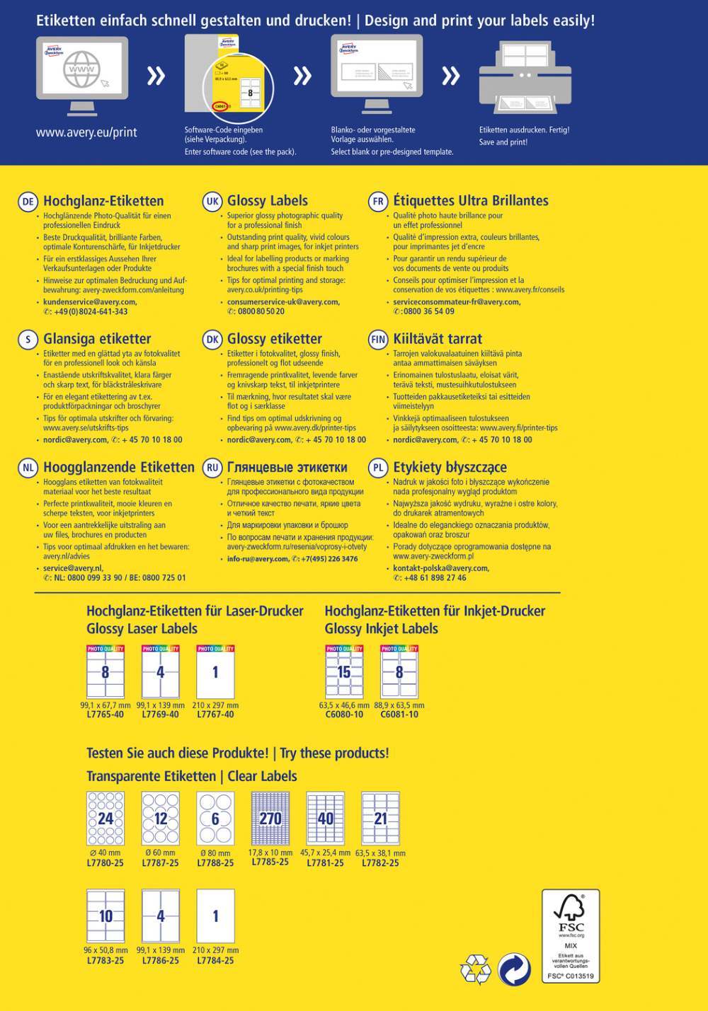 Etikete papirne bele svetleče Avery Zweckform C6080-10, 63,5 x 46,6 mm