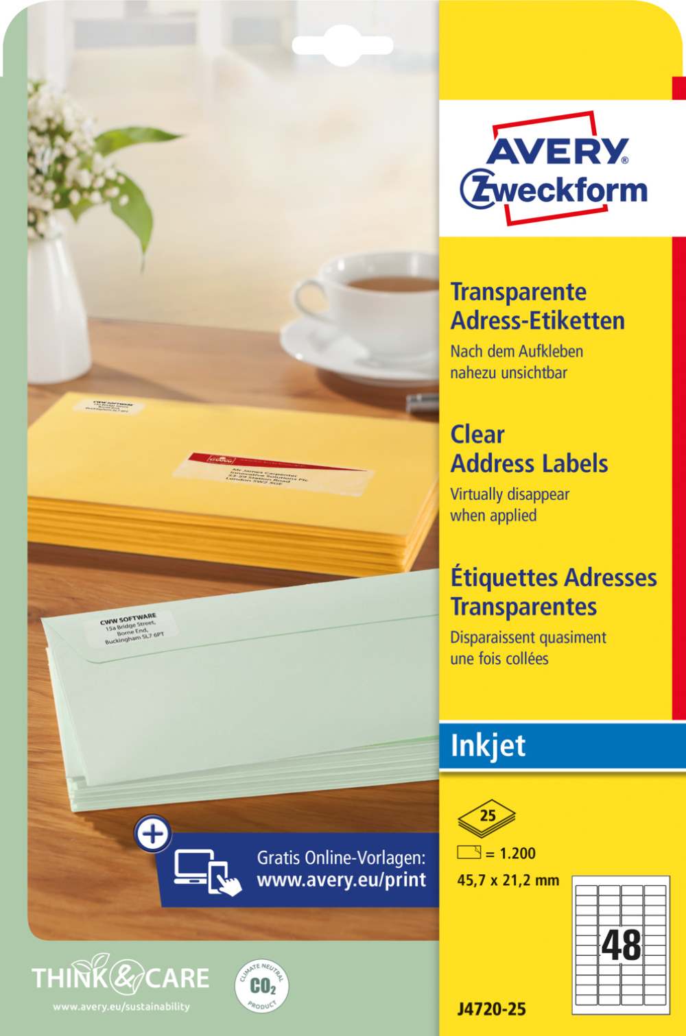 Etikete poliestrske transparentne za naslove Avery Zweckform J4720-25, 47,5 x 21,2 mm