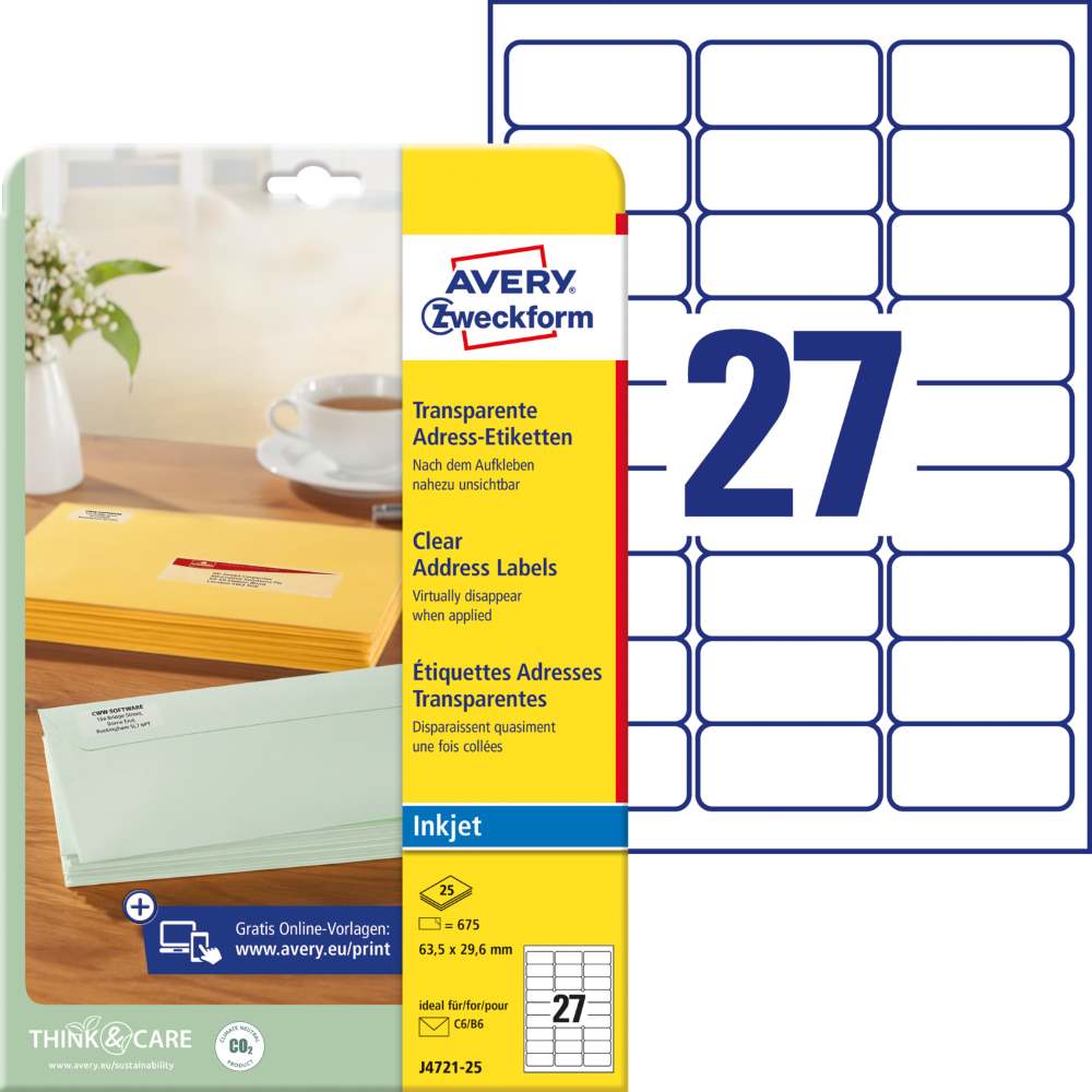 Etikete poliestrske transparentne za naslove Avery Zweckform J4721-25, 63,5 x 29,6 mm