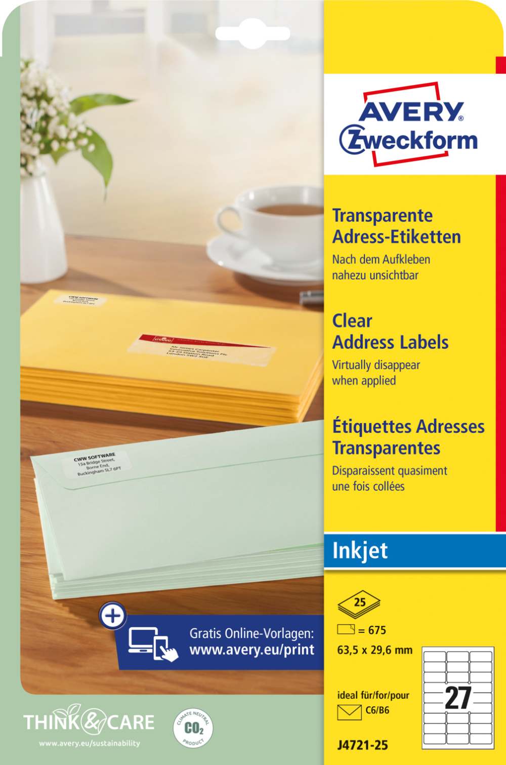 Etikete poliestrske transparentne za naslove Avery Zweckform J4721-25, 63,5 x 29,6 mm