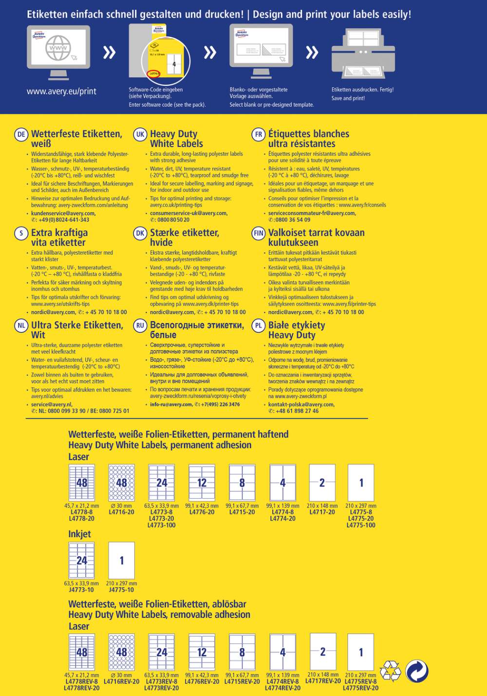 Etikete poliestrske bele zelo odporne Avery Zweckform J4774-10, 99,1 x 139 mm