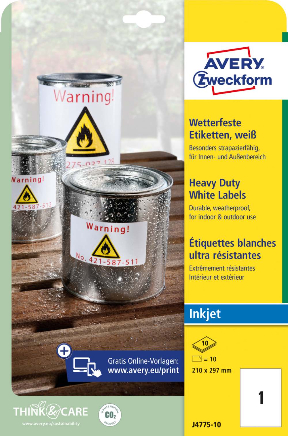 Etikete poliestrske bele zelo odporne Avery Zweckform J4775-10, 210 x 297 mm