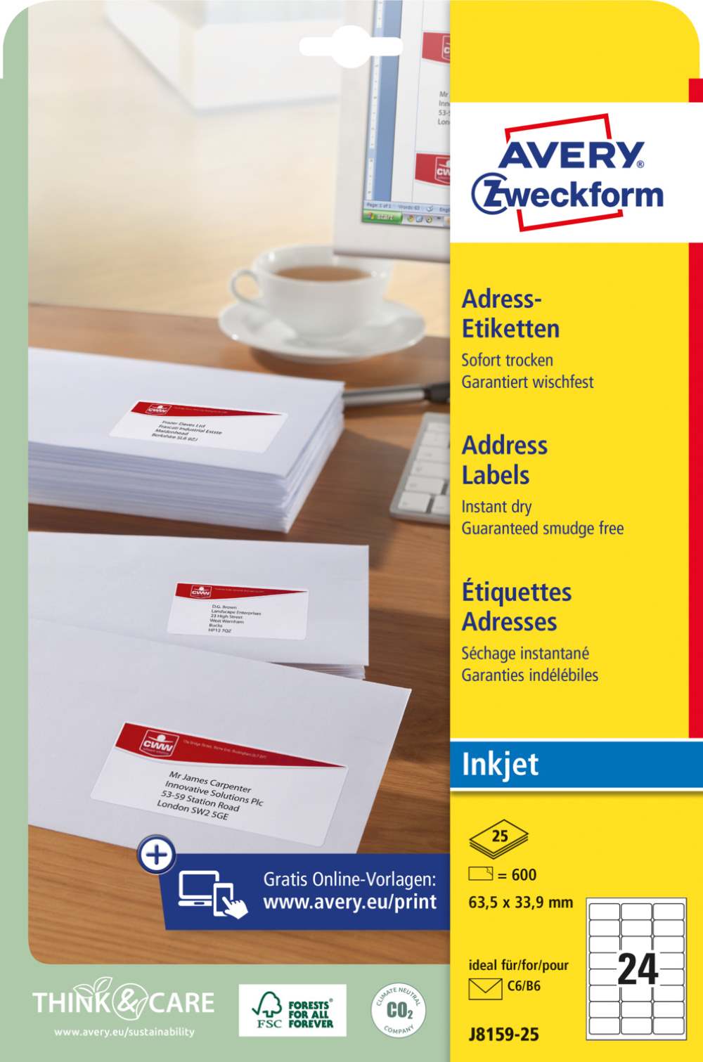 Etikete papirne bele za naslove Avery Zweckform J8159-25, 63,5 x 33,9 mm