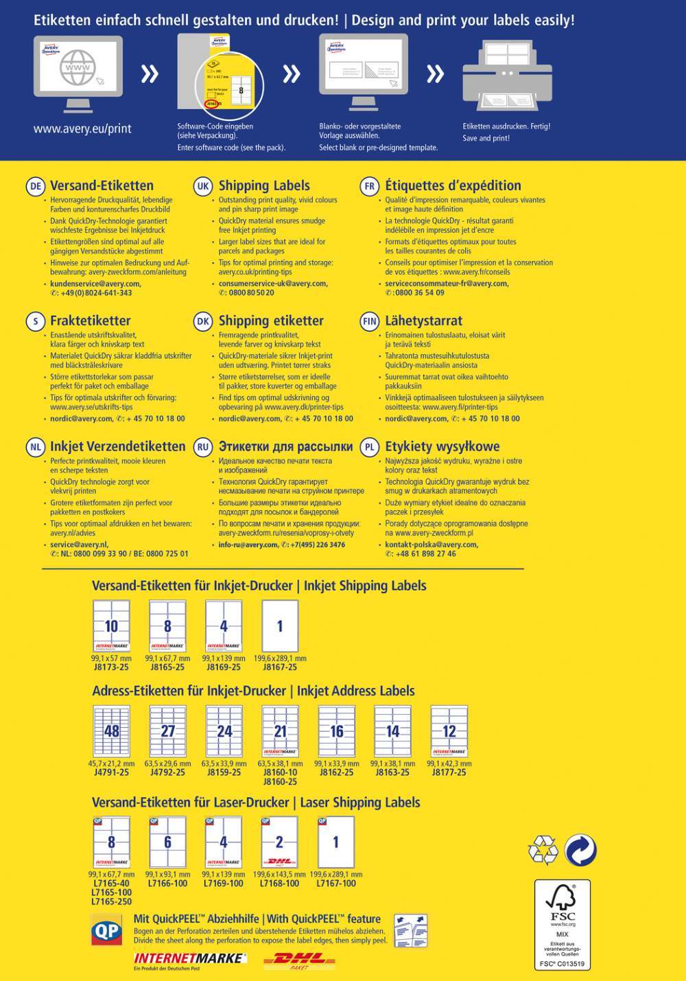 Etikete papirne bele za naslove Avery Zweckform J8167-25, 199,6 x 289,1 mm