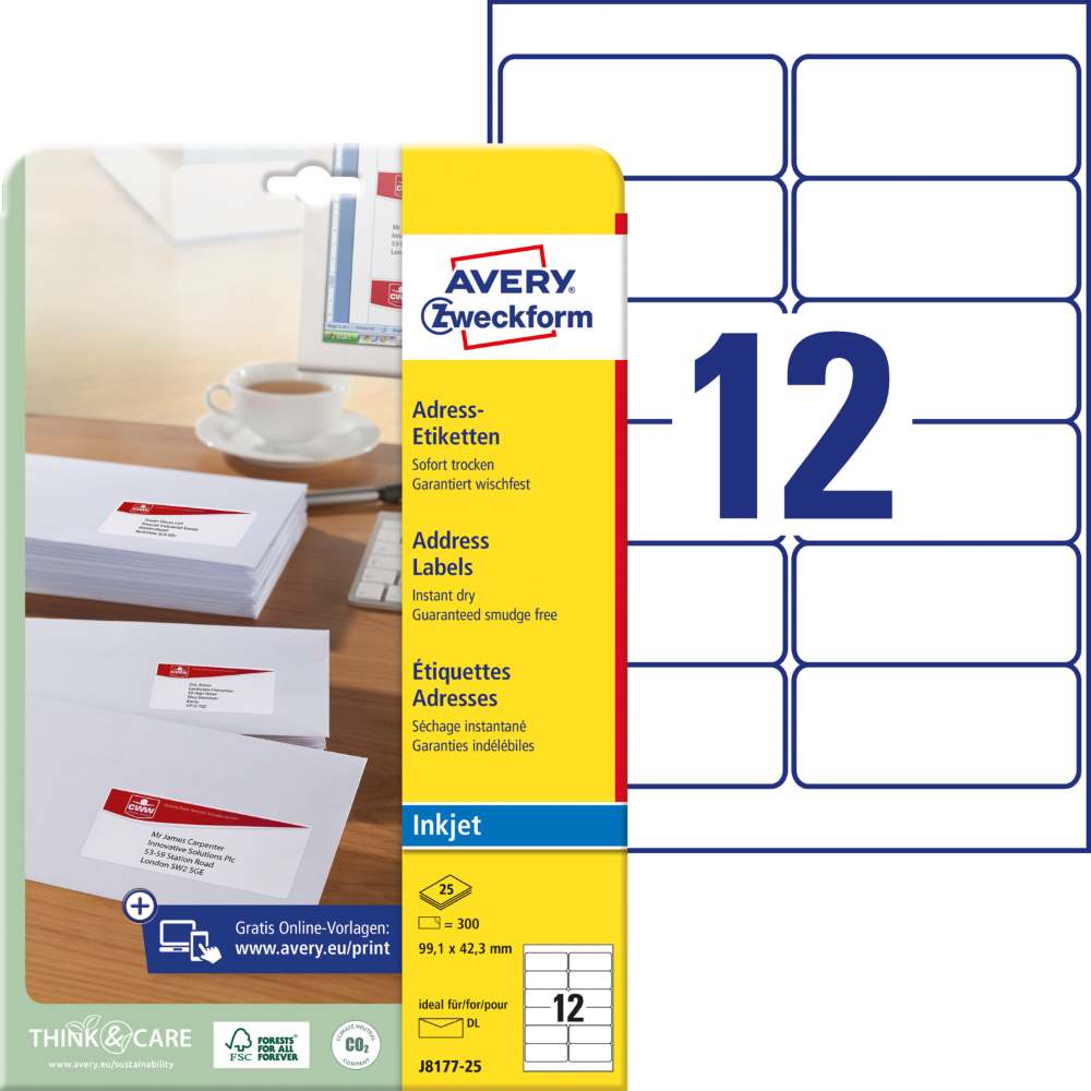 Etikete papirne bele za naslove Avery Zweckform J8177-25, 99,1 x 42,3 mm