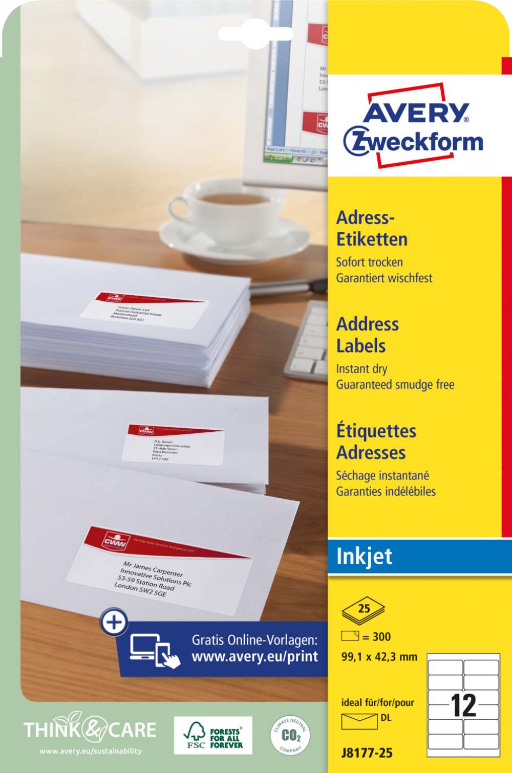 Etikete papirne bele za naslove Avery Zweckform J8177-25, 99,1 x 42,3 mm