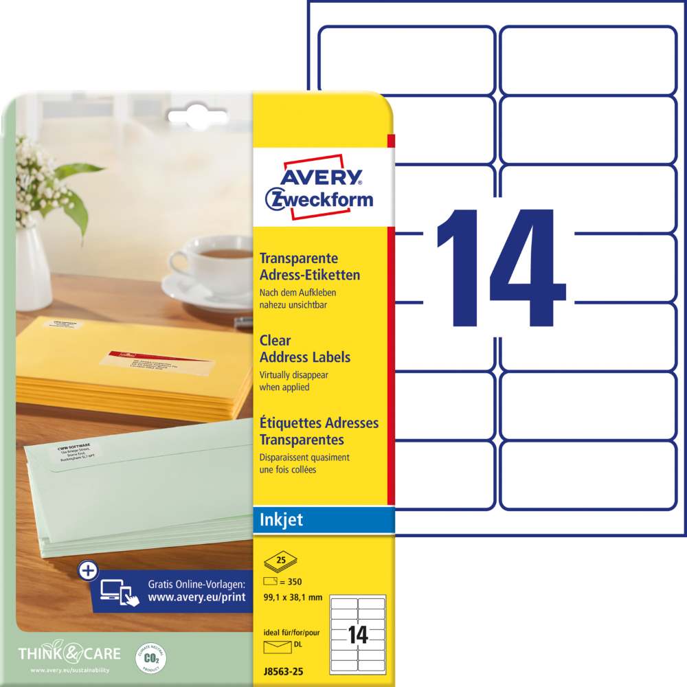 Etikete poliestrske transparentne za naslove Avery Zweckform J8563-25, 99,1 x 38,1 mm