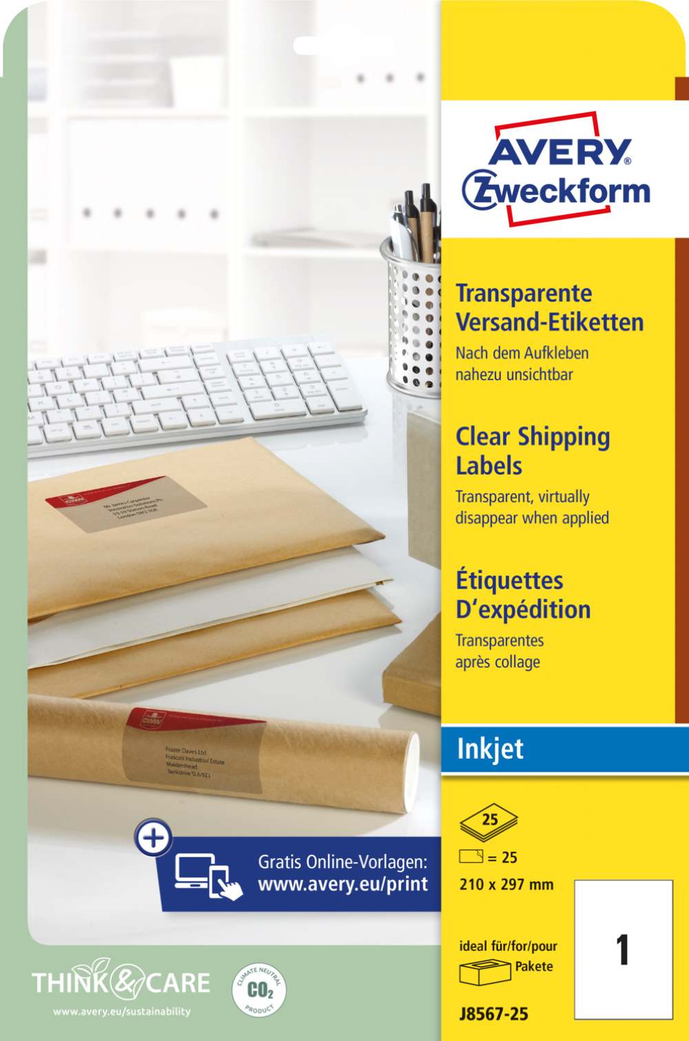 Etikete poliestrske transparentne za naslove Avery Zweckform J8567-25, 210 x 297 mm