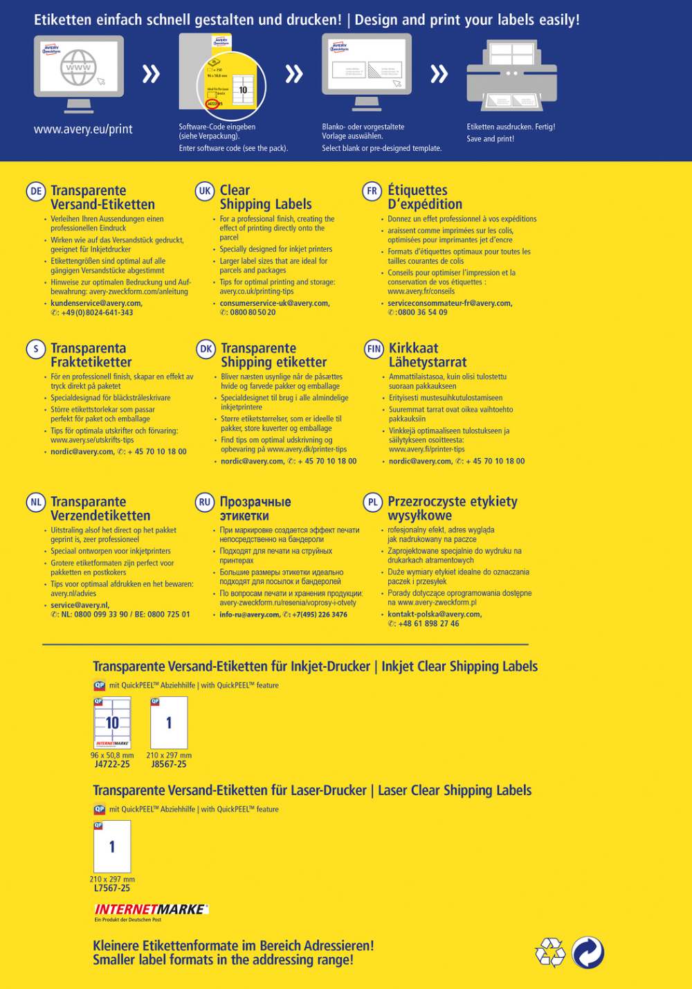Etikete poliestrske transparentne za naslove Avery Zweckform J8567-25, 210 x 297 mm