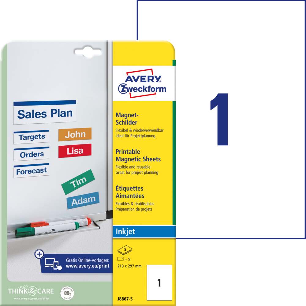 Magnetne oznake bele Avery Zweckform J8867-5, 210 x 297 mm