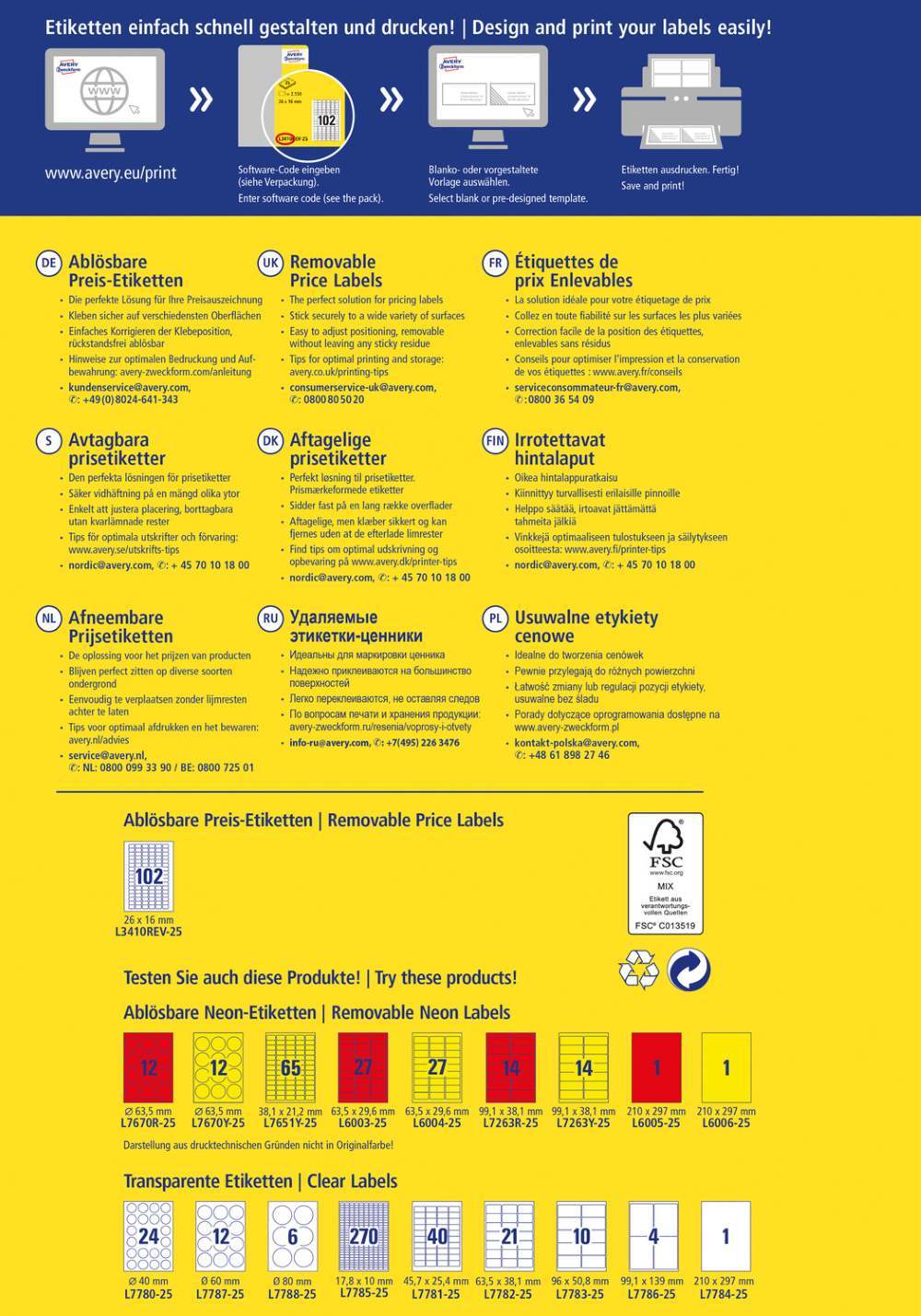 Etikete papirne bele odstranljive za cene Avery Zweckform L3410REV-25, 26 x 16 mm