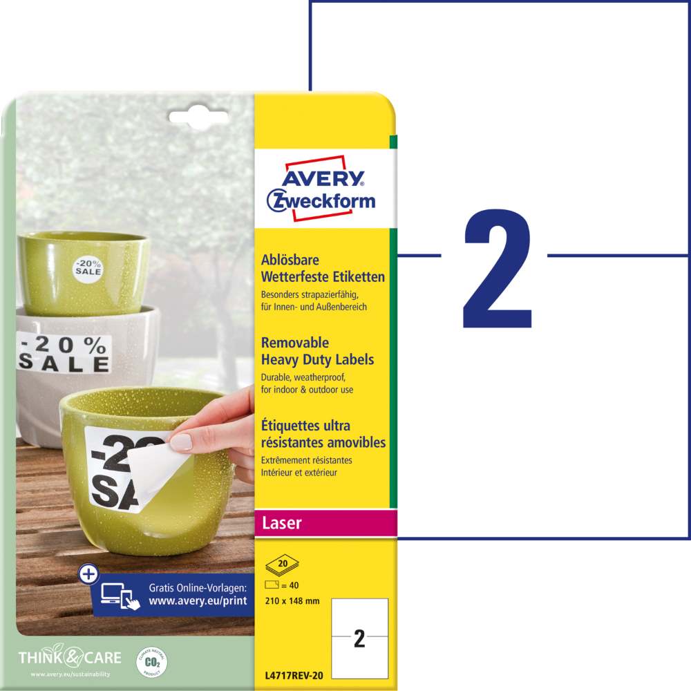 Etikete poliestrske bele zelo odporne Avery Zweckform L4717-20, trajne / odstranljive, 210 x 148 mm