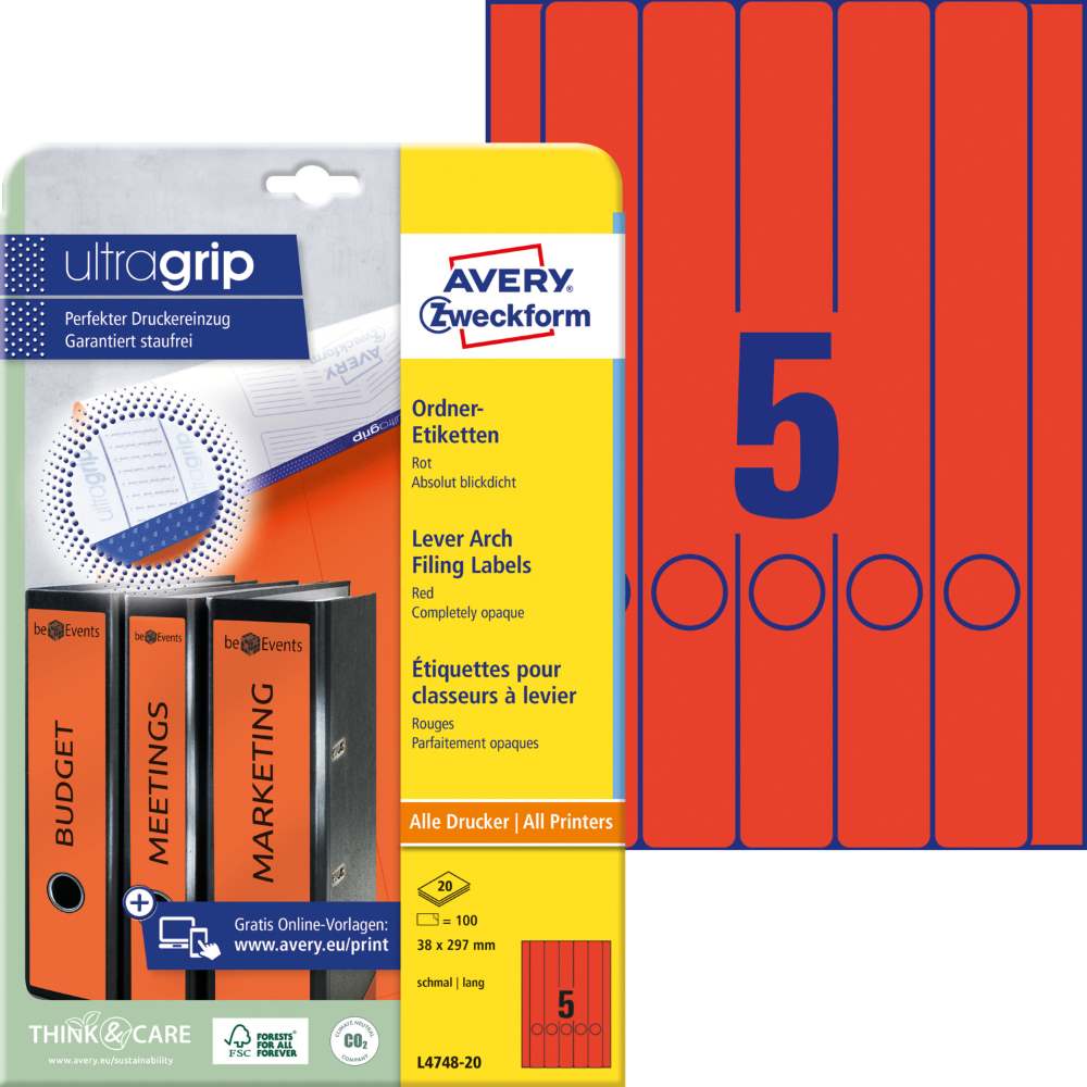 Etikete papirne barvne prekrivne za ozke registratorje Avery Zweckform, 38 x 297 mm