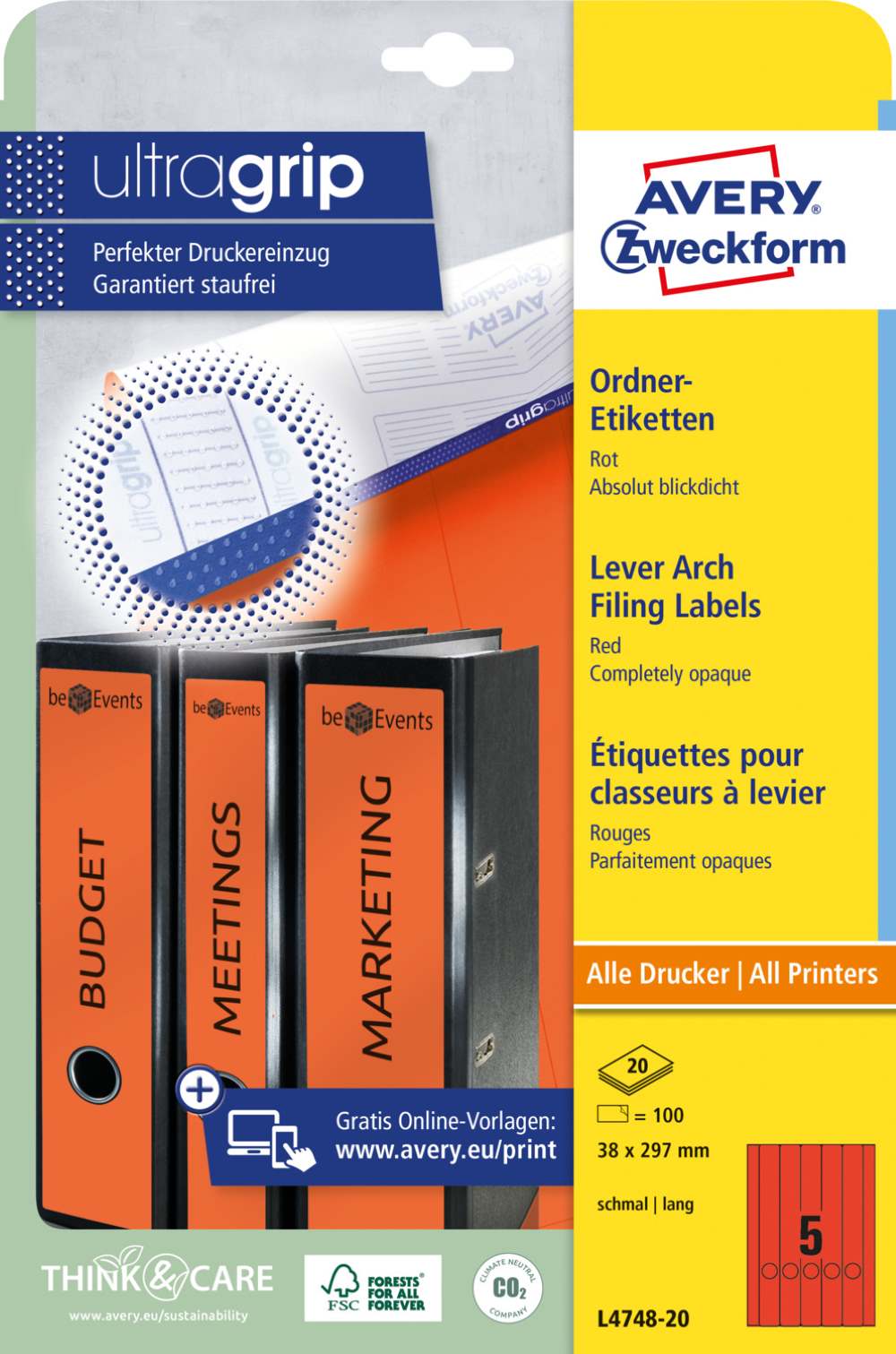 Etikete papirne barvne prekrivne za ozke registratorje Avery Zweckform, 38 x 297 mm