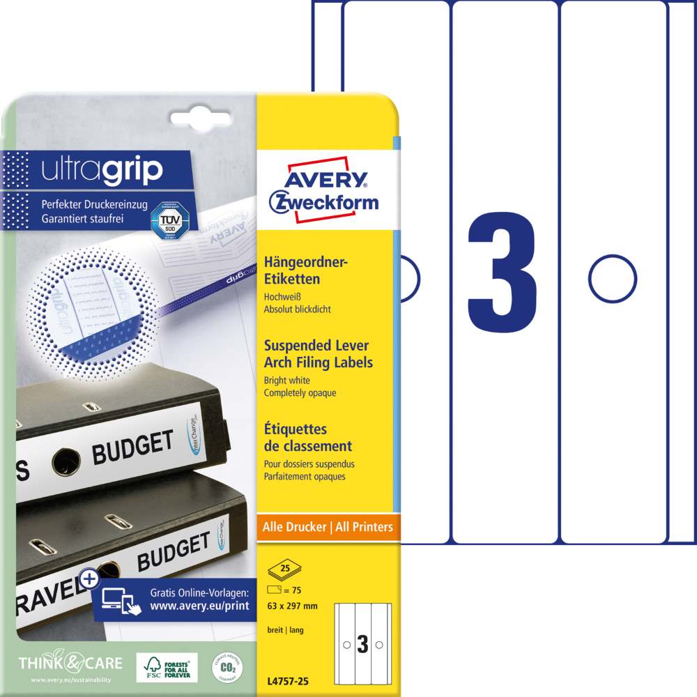 Etikete papirne bele prekrivne za široke registratorje Avery Zweckform L4757-20, 63 x 297 mm