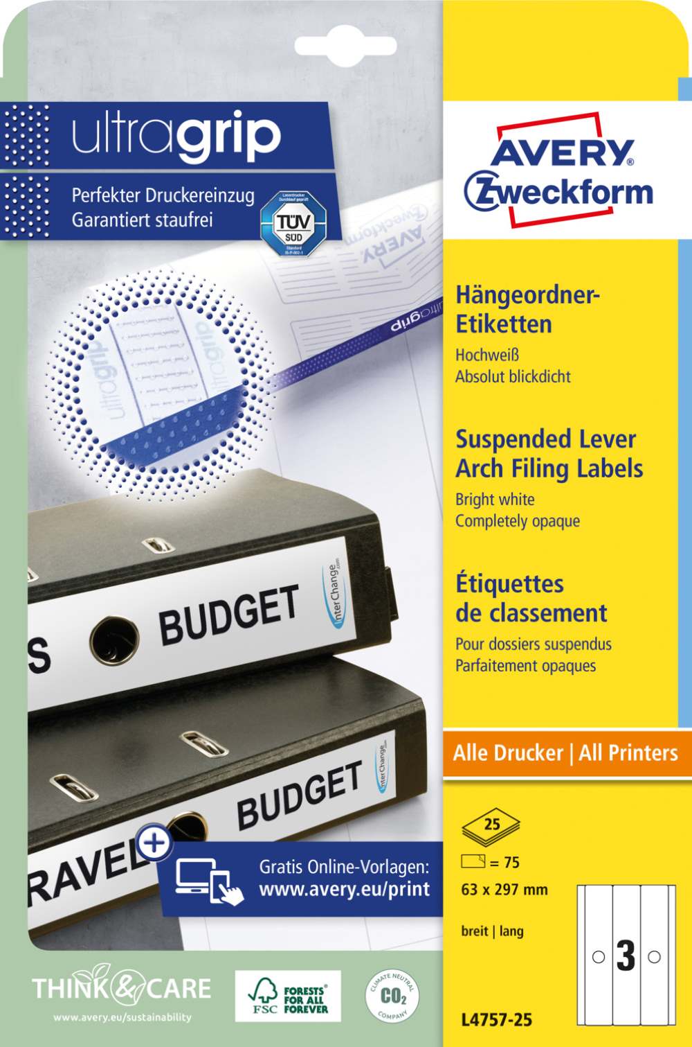 Etikete papirne bele prekrivne za široke registratorje Avery Zweckform L4757-20, 63 x 297 mm