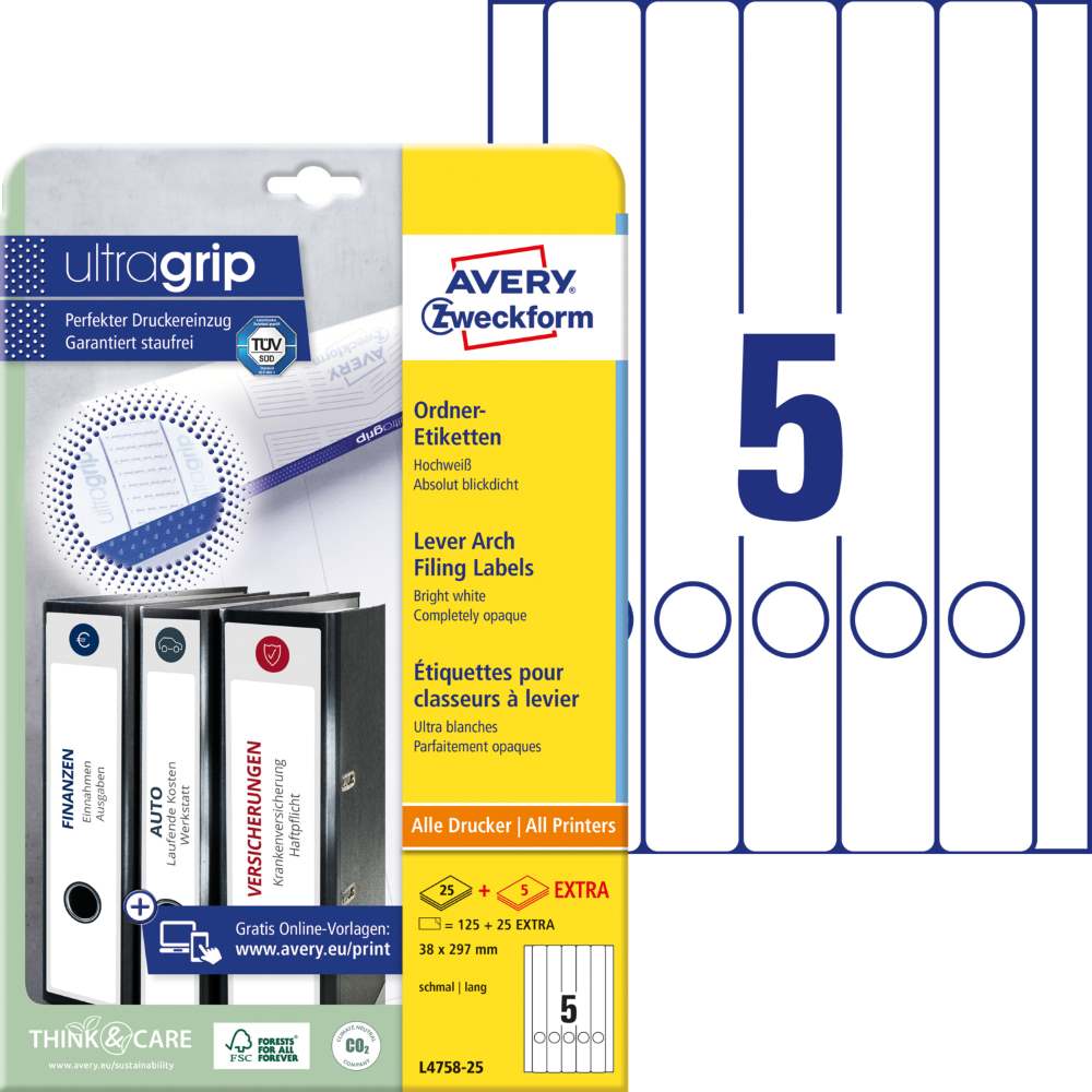 Etikete papirne bele prekrivne za ozke registratorje Avery Zweckform L4758-20, 38 x 297 mm