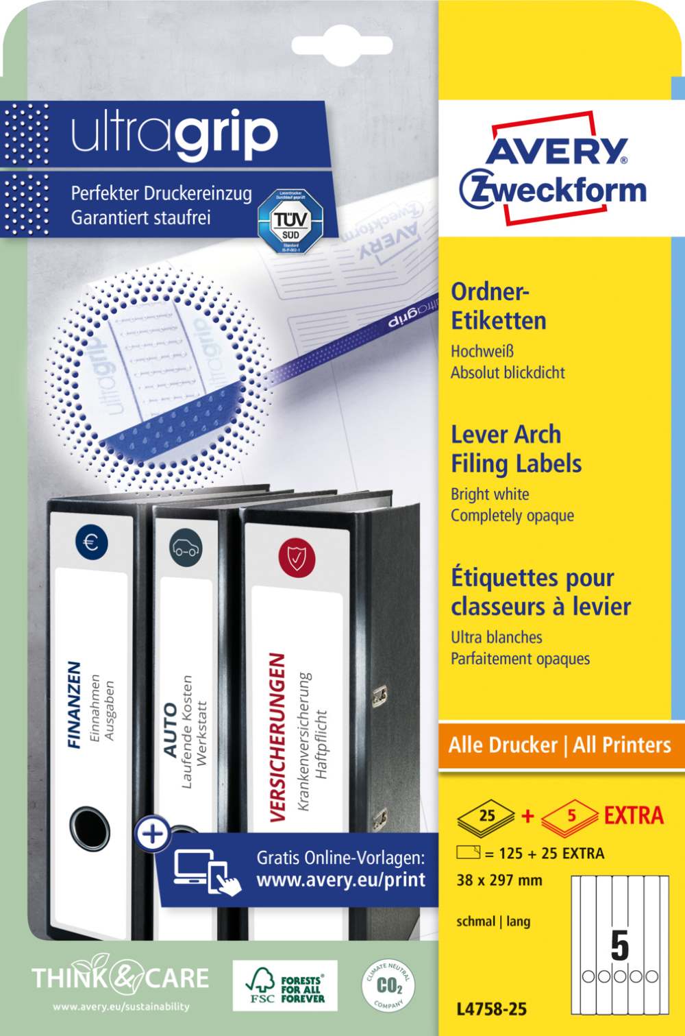 Etikete papirne bele prekrivne za ozke registratorje Avery Zweckform L4758-20, 38 x 297 mm