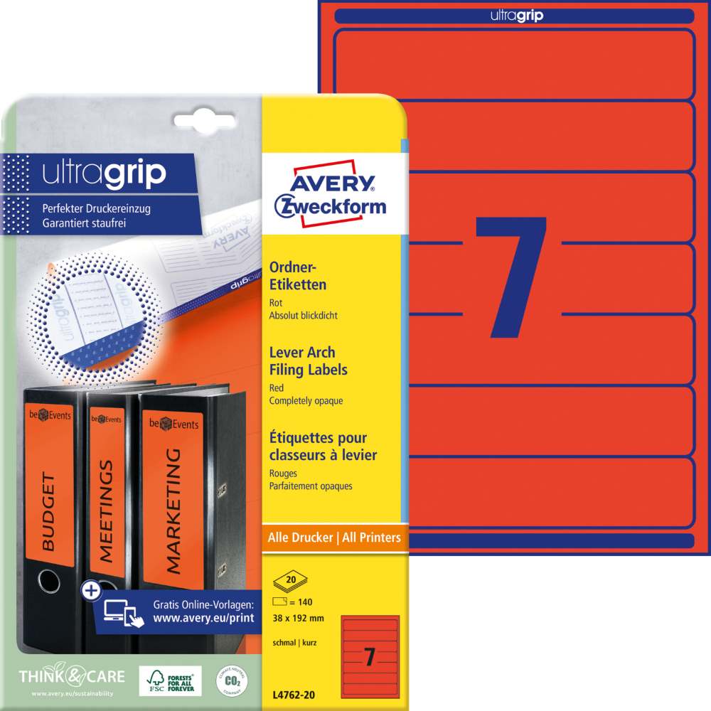 Etikete papirne barvne prekrivne za ozke registratorje Avery Zweckform, 38 x 192 mm