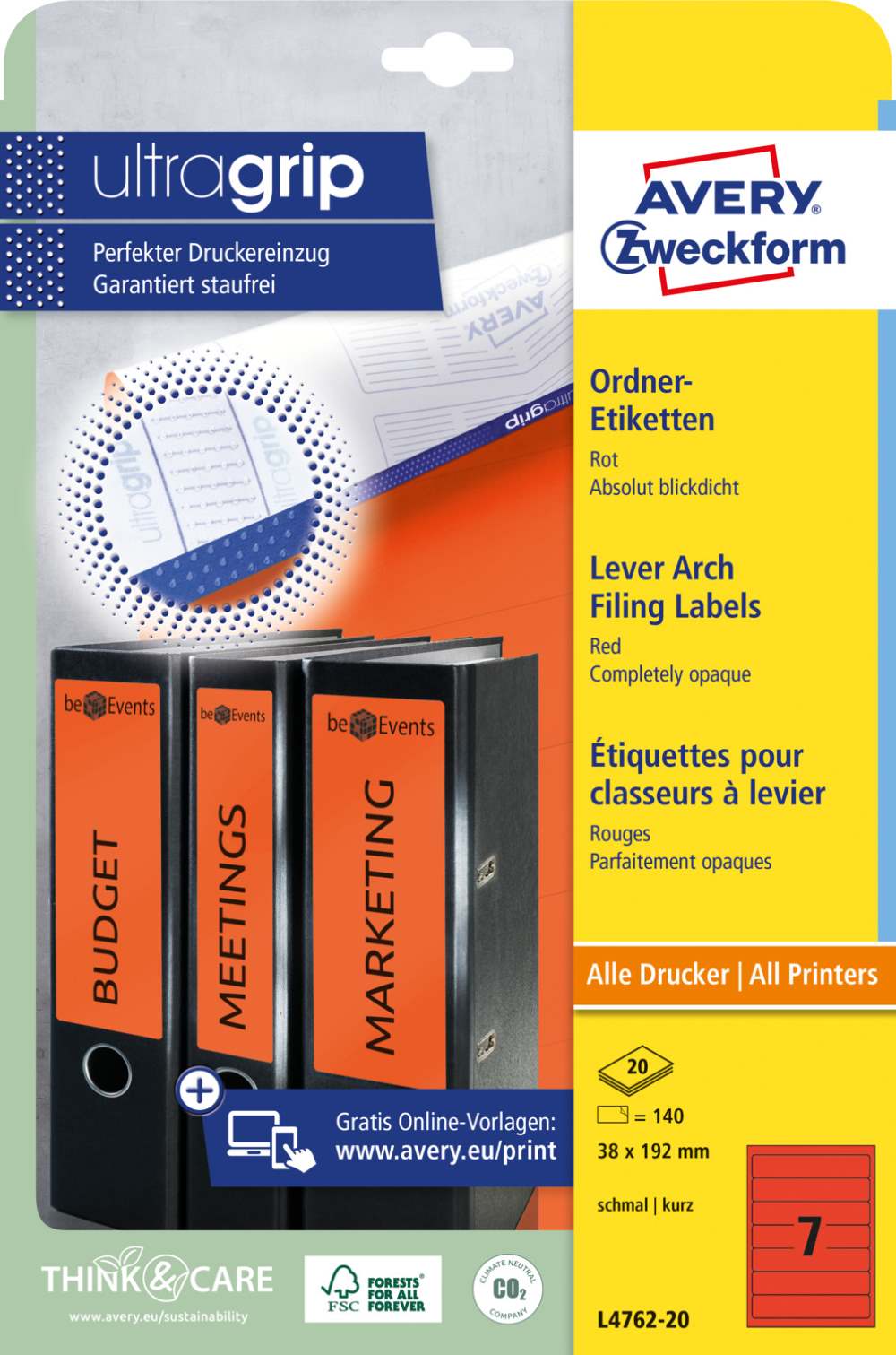 Etikete papirne barvne prekrivne za ozke registratorje Avery Zweckform, 38 x 192 mm