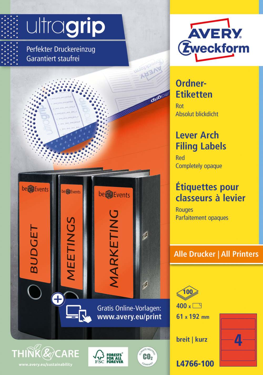 Etikete papirne barvne prekrivne za široke registratorje Avery Zweckform, 192 x 61 mm