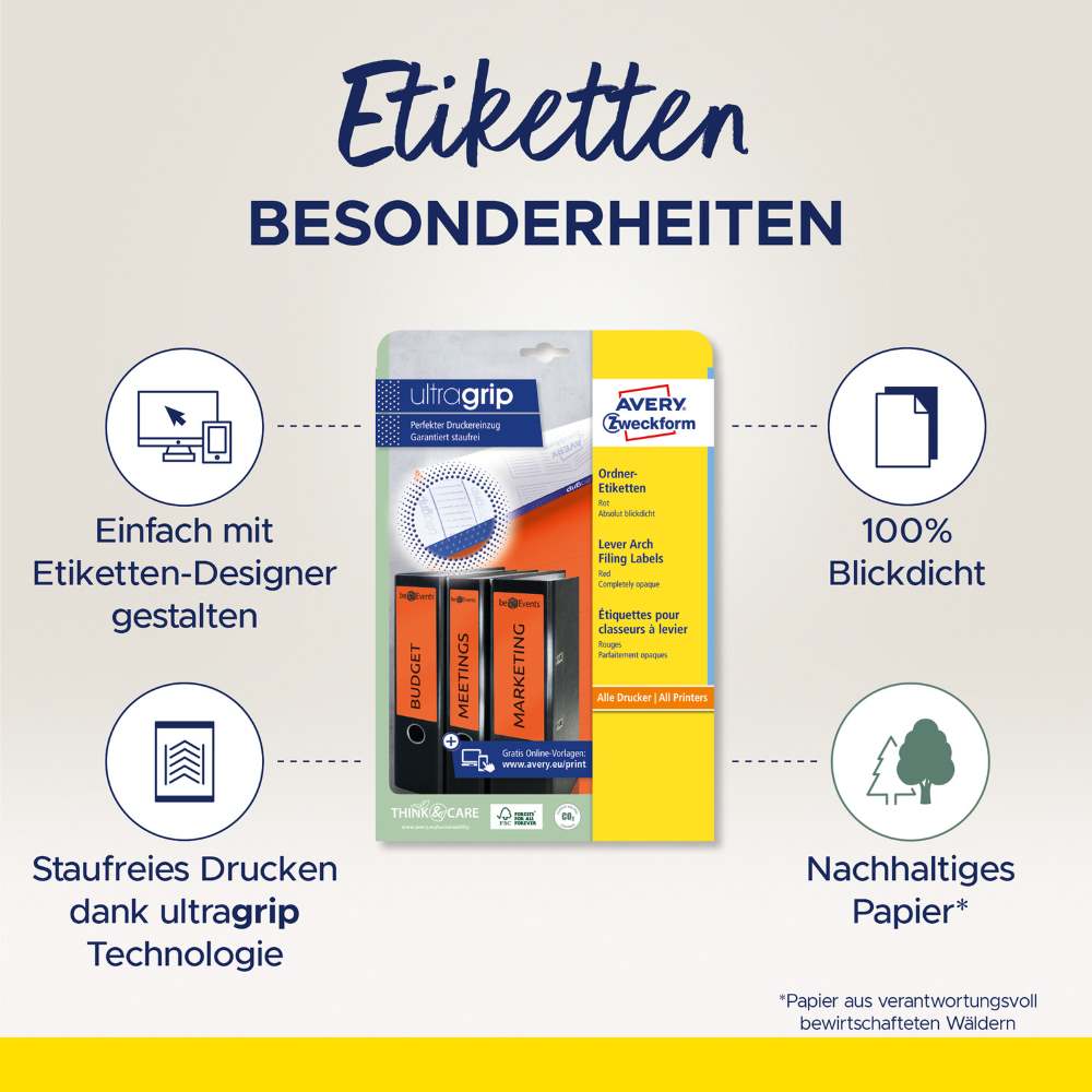 Etikete papirne barvne prekrivne za široke registratorje Avery Zweckform, 192 x 61 mm